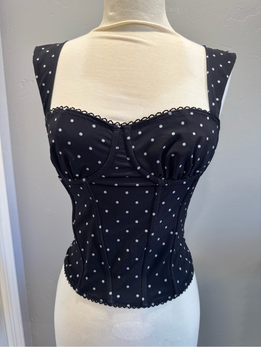 Edikted Black Polka Dot Corset Top Hook Eye Closure S
